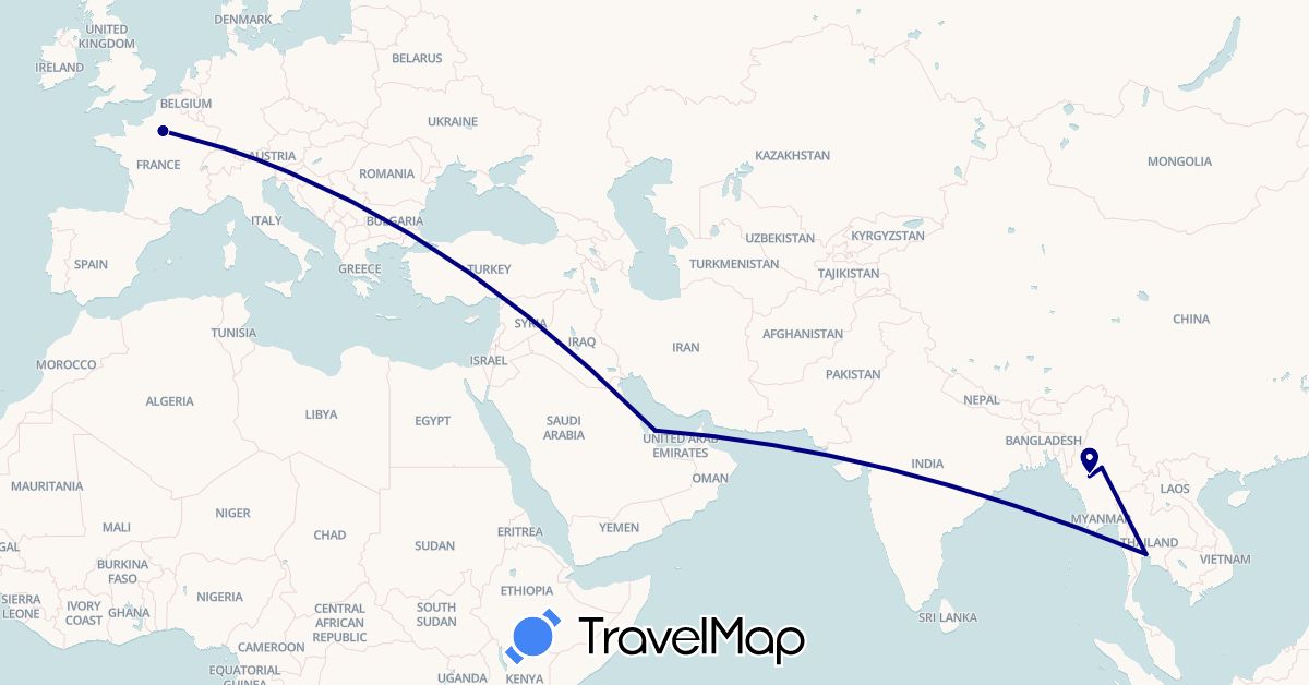 TravelMap itinerary: driving in France, Myanmar (Burma), Qatar, Thailand (Asia, Europe)